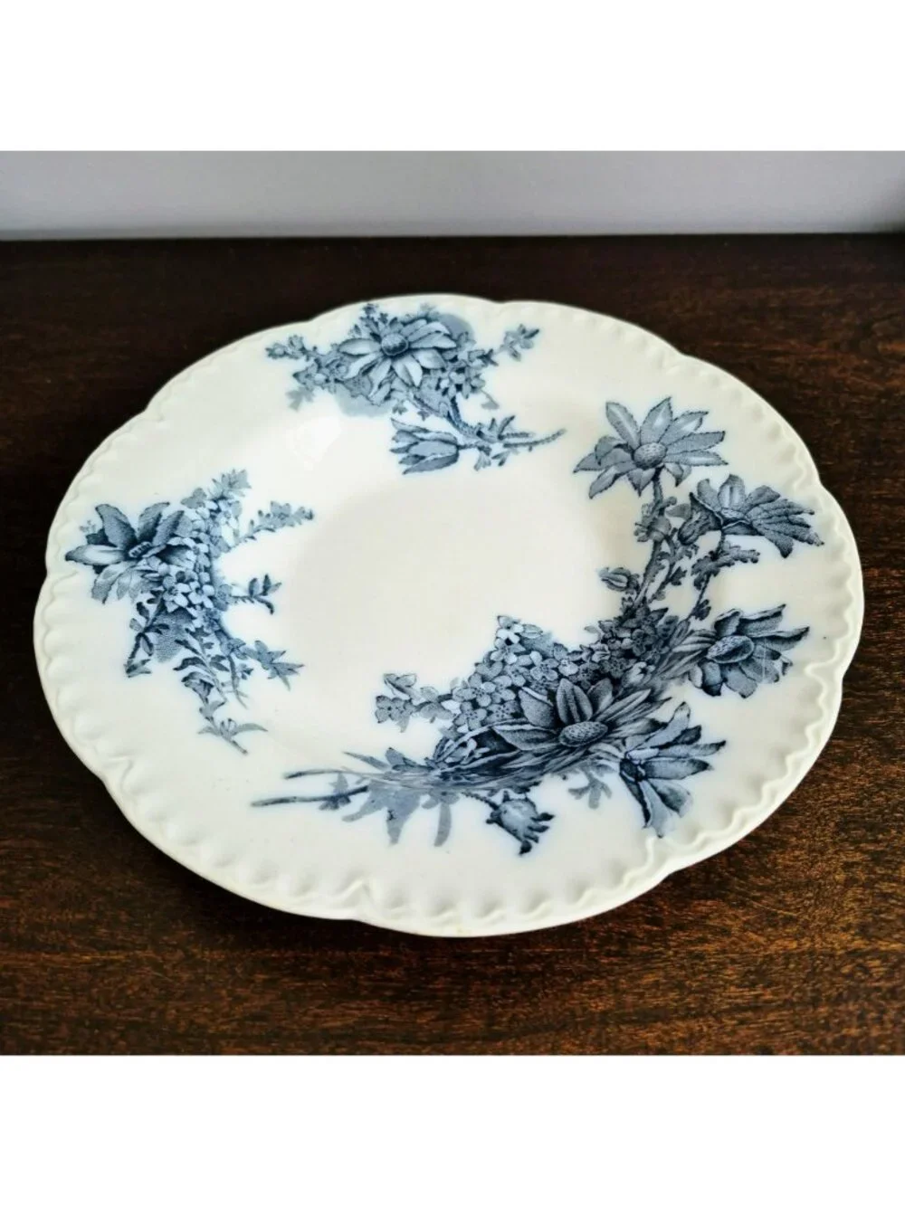 Antique Johnson Brothers Clifton Rimmed Soup Bowl, Blue Floral, Embossed Edge
